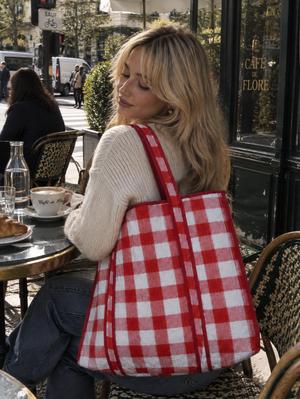 Red white checkered fabric tote bag with long straps