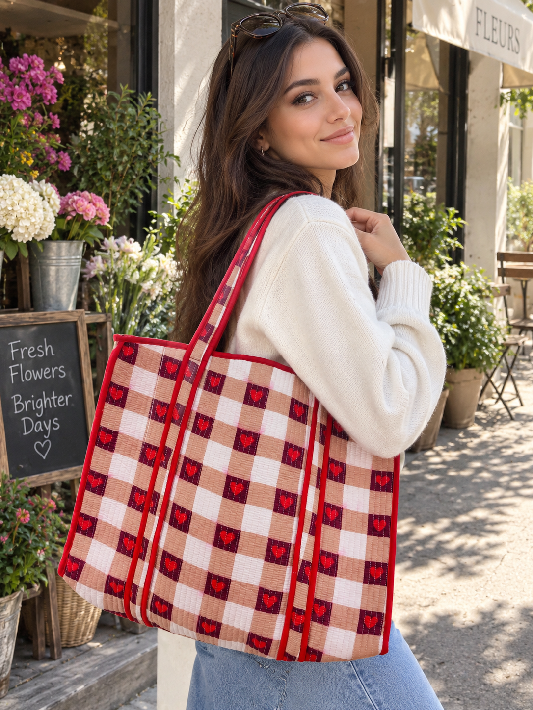 Large cotton shoulder tote bag with red heart pattern