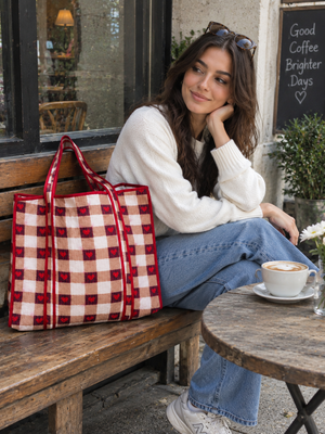 Quilted brown checkered shopping tote bag for women