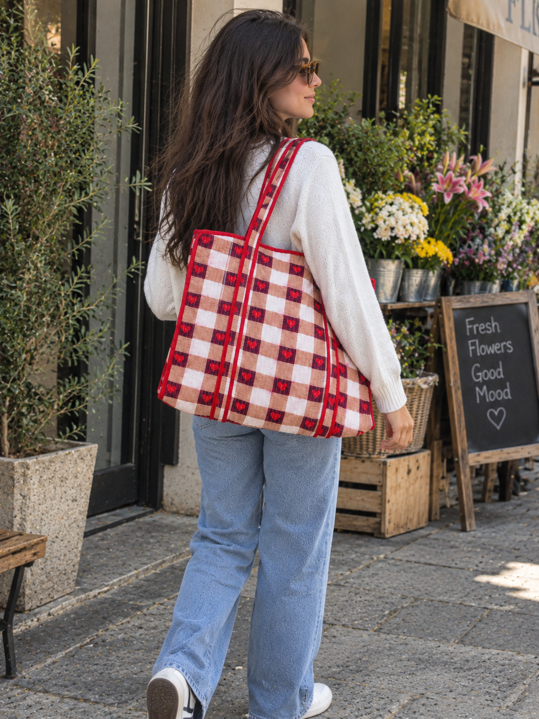 Tan and burgundy heart print quilted tote bag