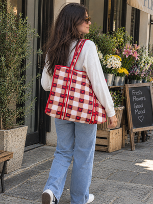 Tan and burgundy heart print quilted tote bag