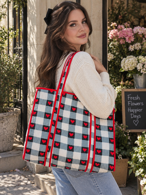 Light blue quilted heart print tote bag with checkered pattern