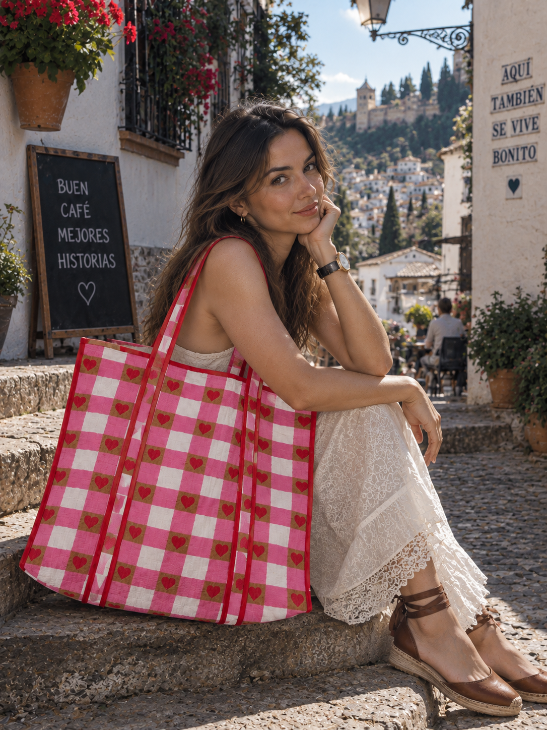 Pink quilted shopping bag with red heart motifs