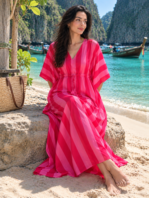 Women’s pink striped beach kaftan with loose flowing fit