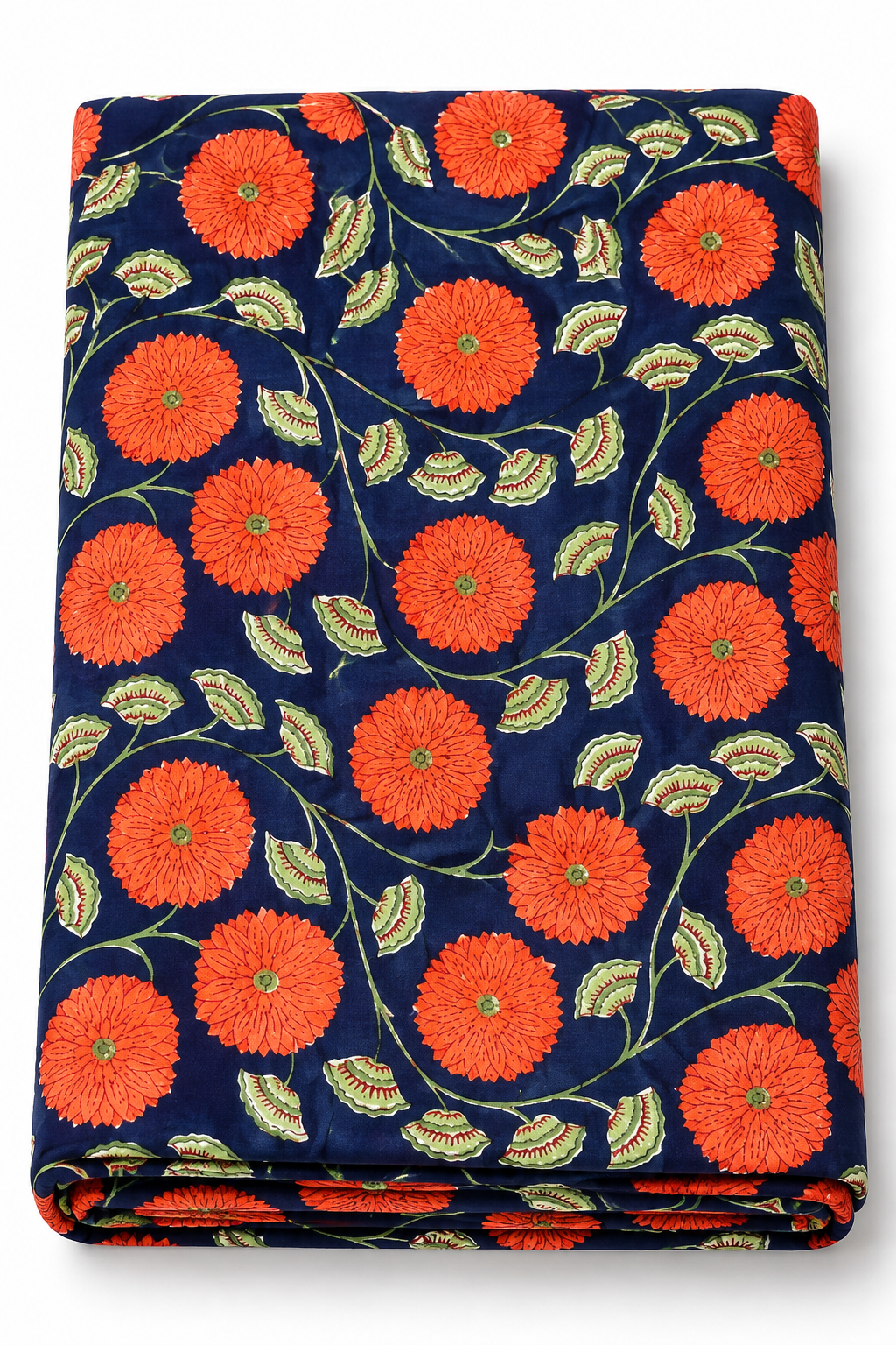 Navy blue floral cotton fabric with orange flowers