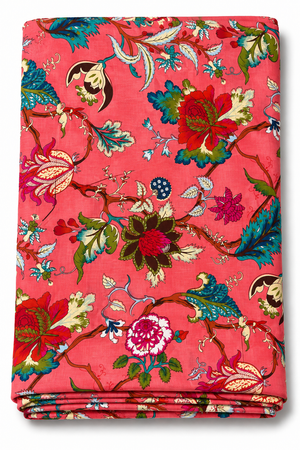Pink floral cotton fabric with vintage botanical print