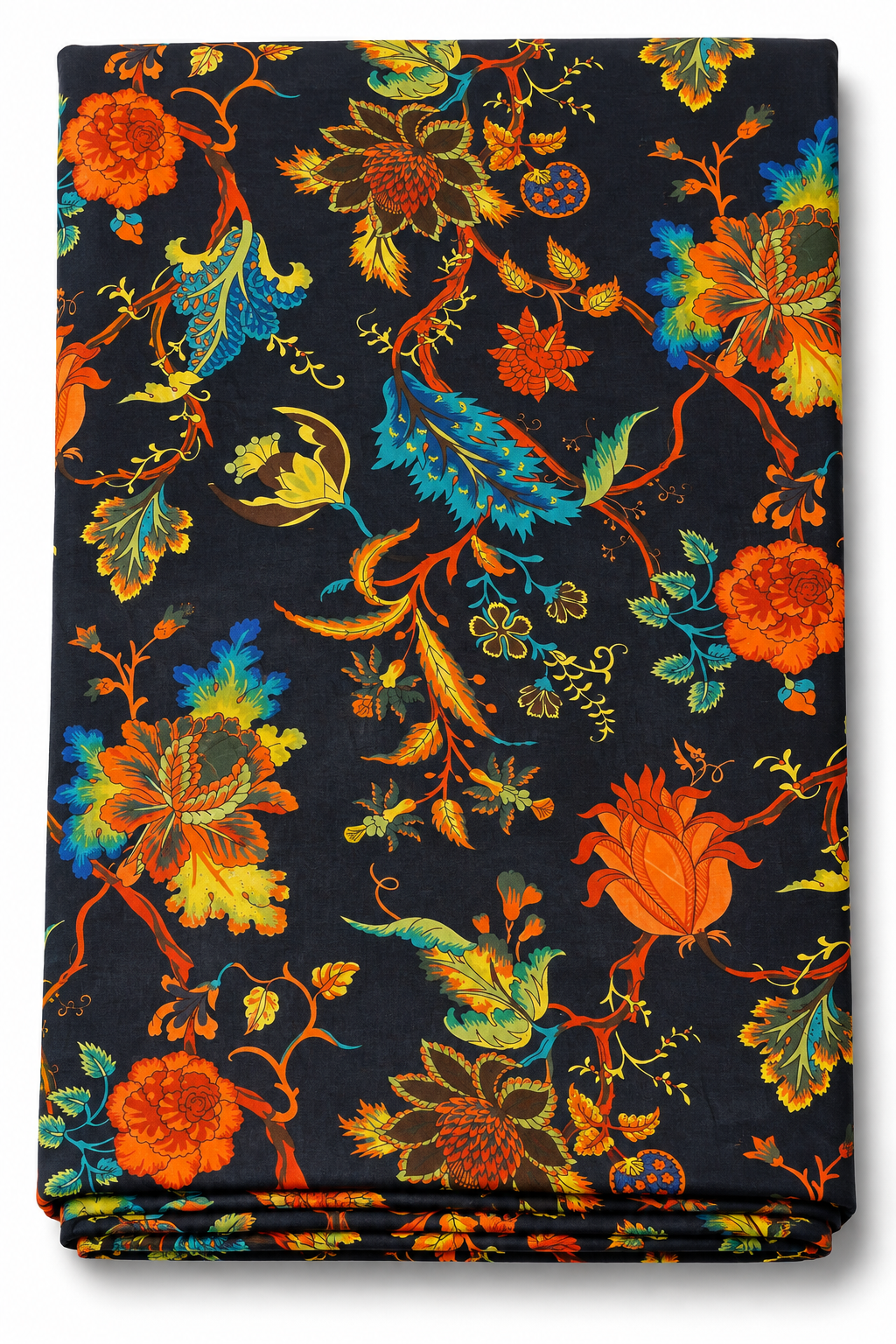 Dark floral cotton fabric with colorful botanical print