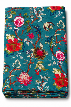 Teal floral cotton fabric with vintage botanical print