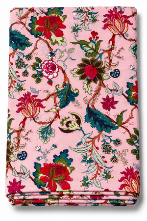 Pink floral cotton fabric with vintage botanical print