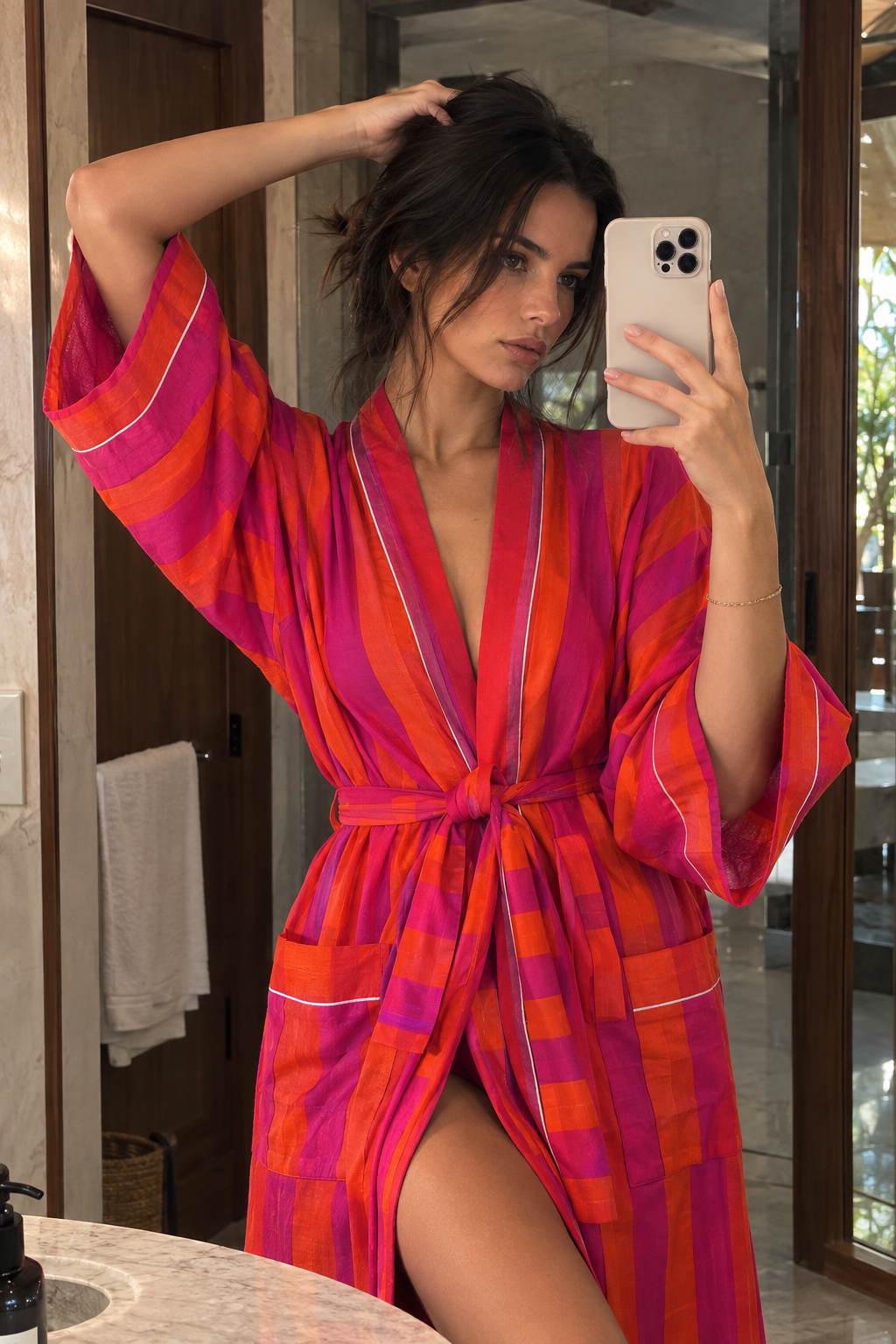 Pink and orange striped cotton kimono robe for women