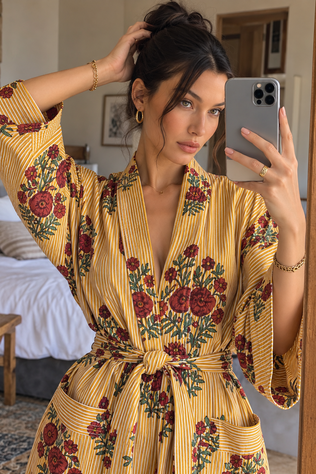 Indian floral cotton kimono dressing gown for women