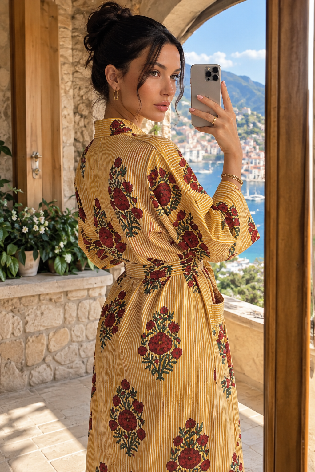 Hand block printed cotton kimono robe with floral design