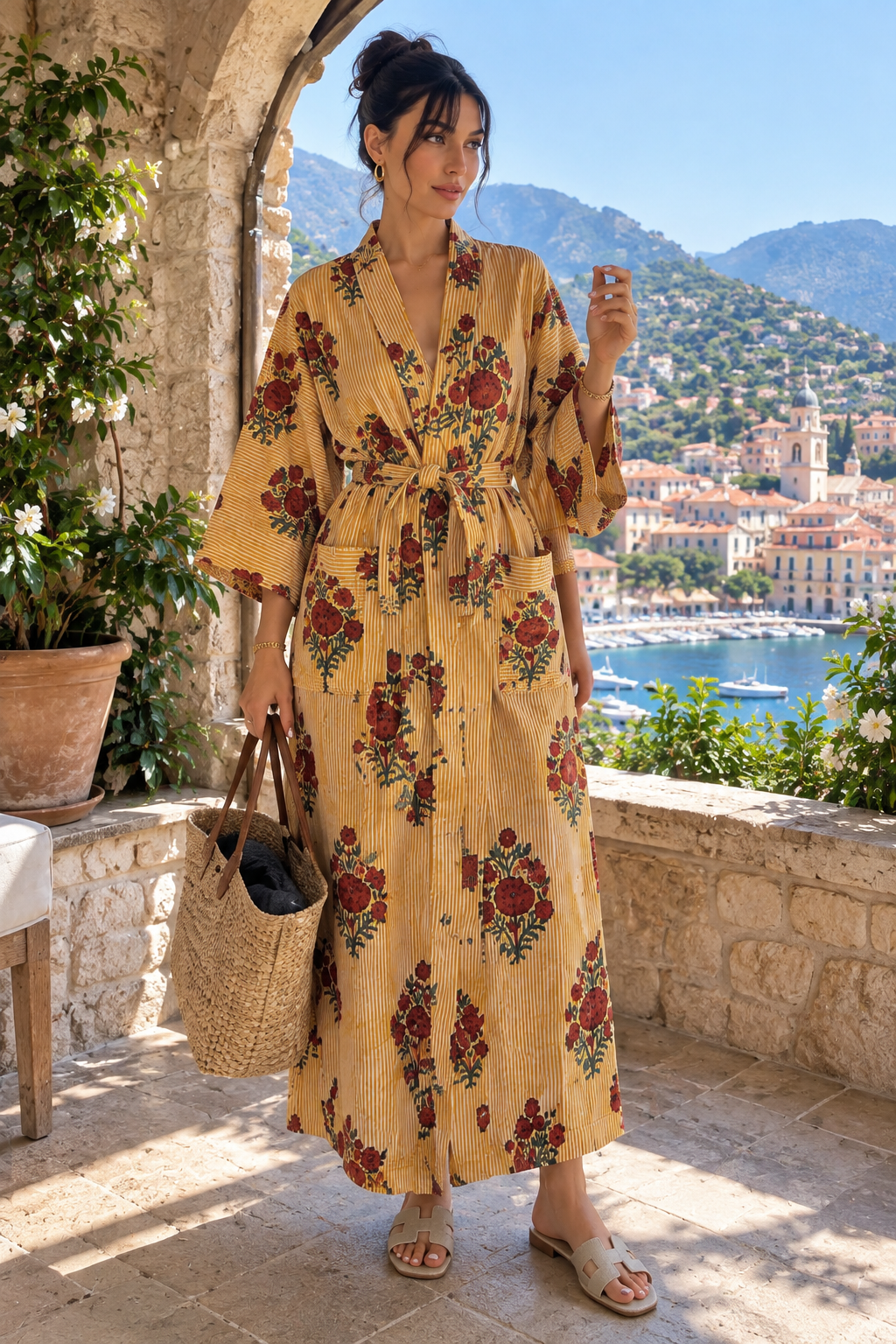 Mustard yellow floral kimono robe with tie waist