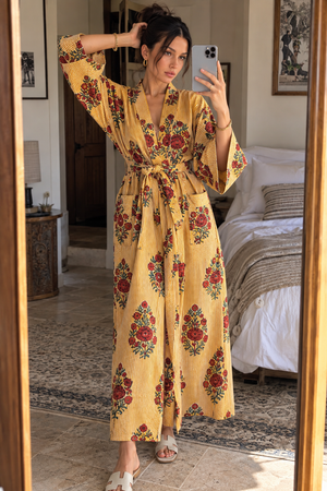 Floral cotton kimono robe with mustard yellow striped print
