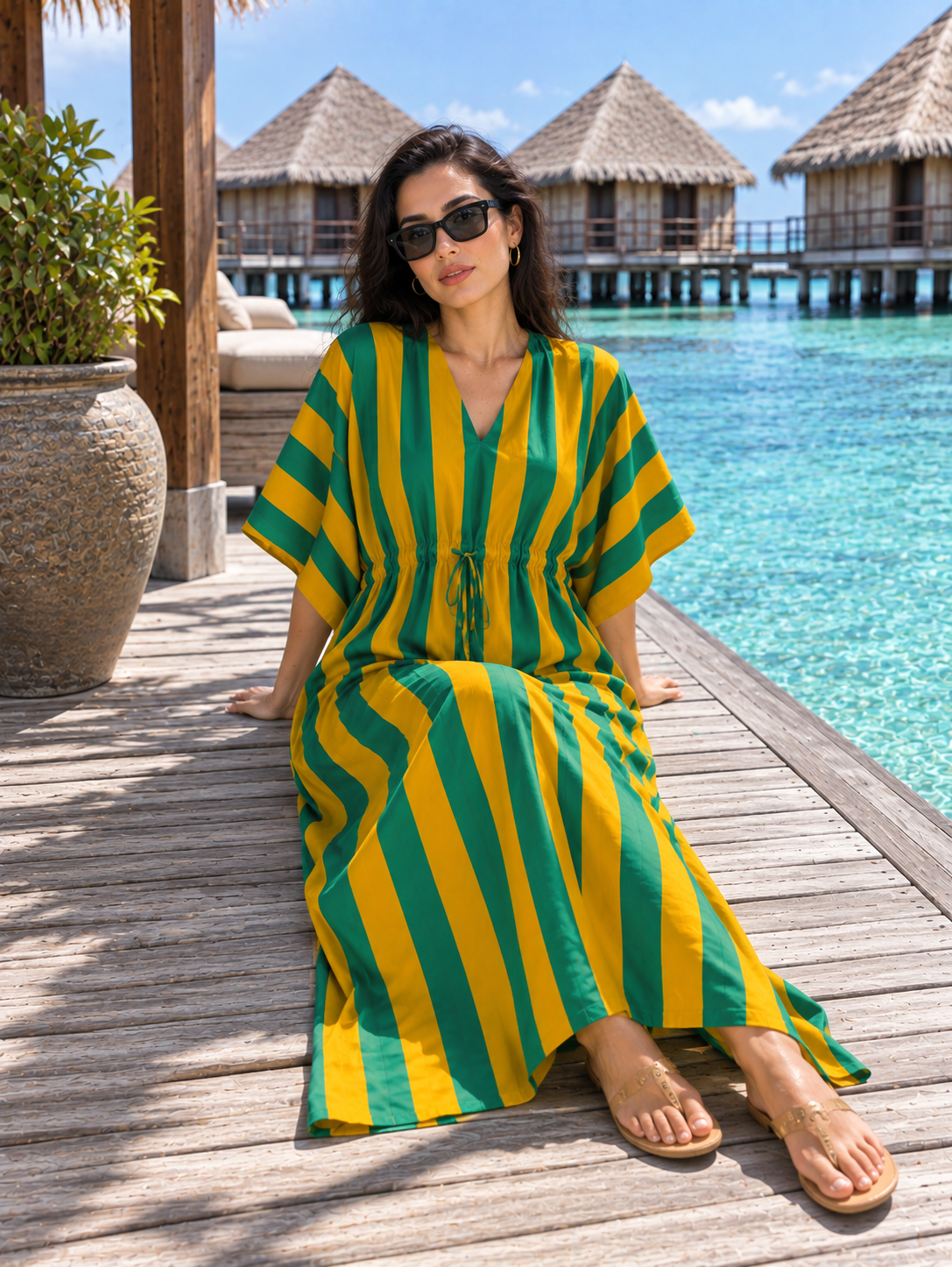 Cotton resort wear kaftan with adjustable waist