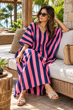 Full length pink and navy striped summer kaftan
