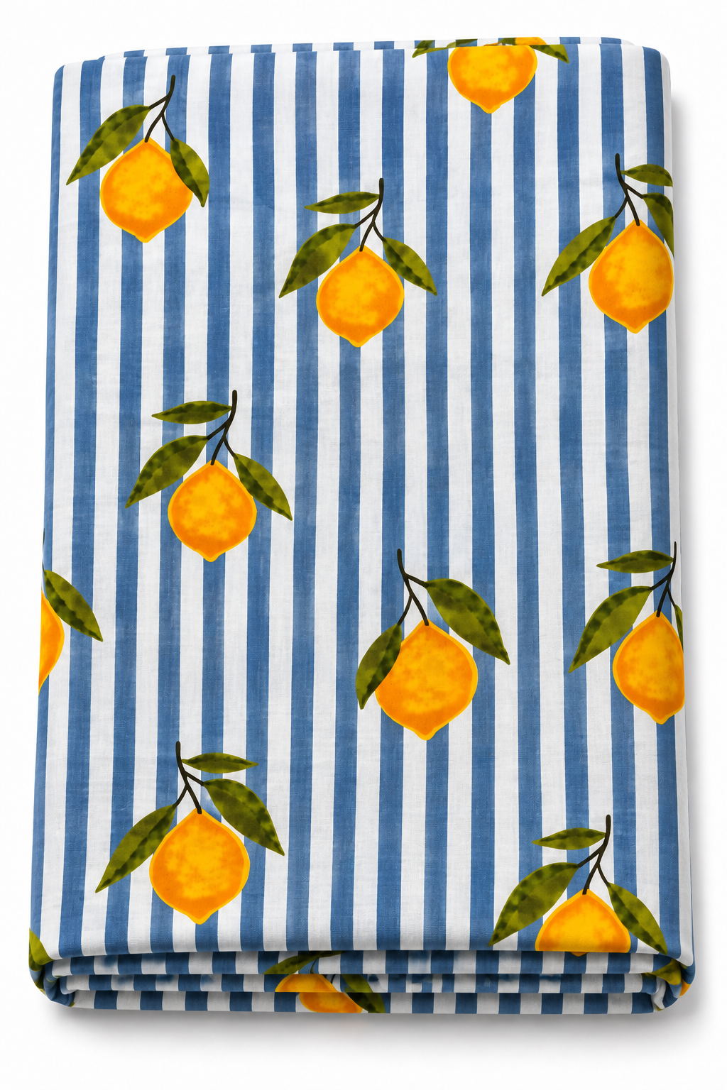 Gray and white striped lemon print fabric with yellow citrus and green leaves