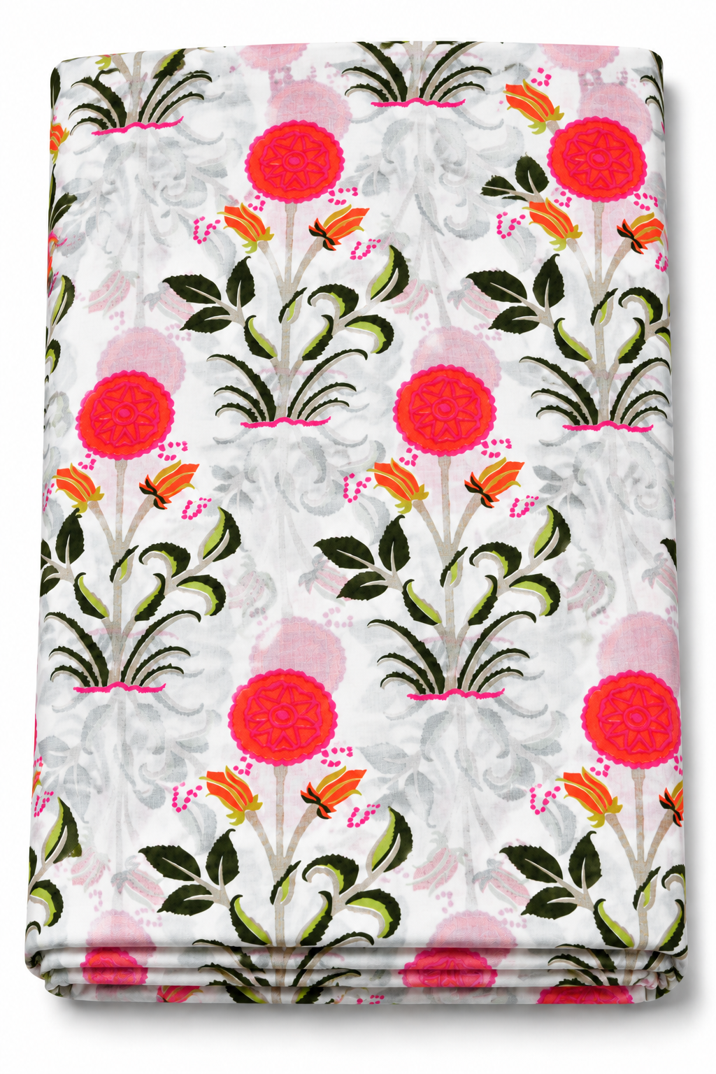 Pink floral print fabric with coral flowers and green leaves on a white background