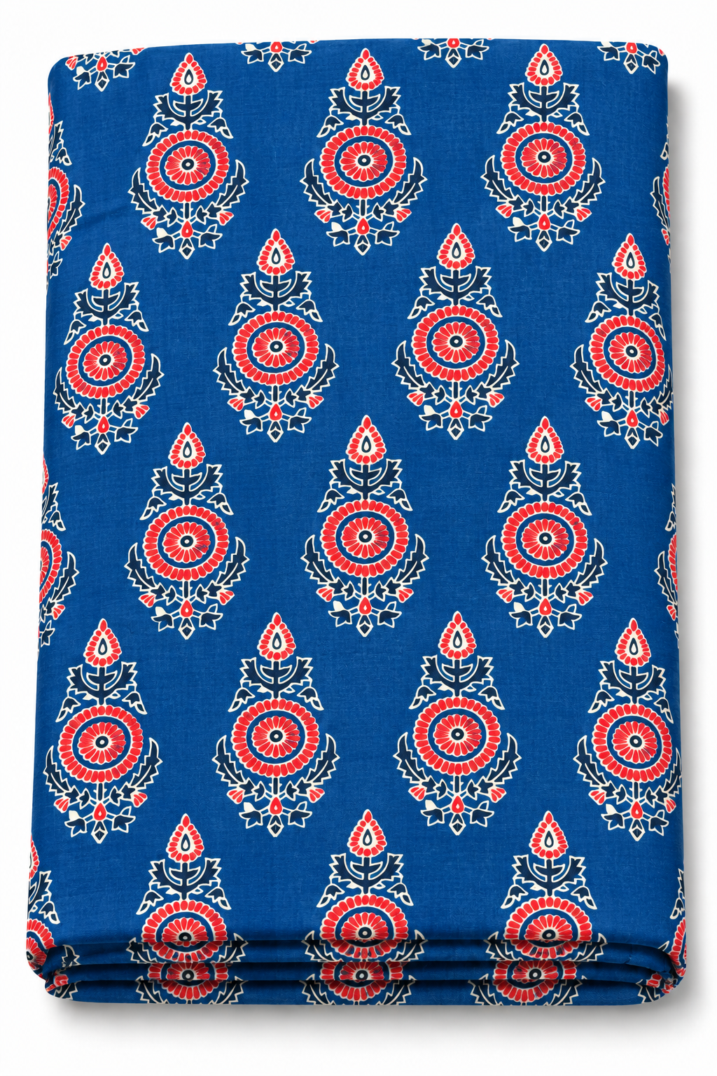 Navy blue floral print fabric with red flowers and white botanical outlines