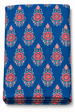 Navy blue floral print fabric with red flowers and white botanical outlines