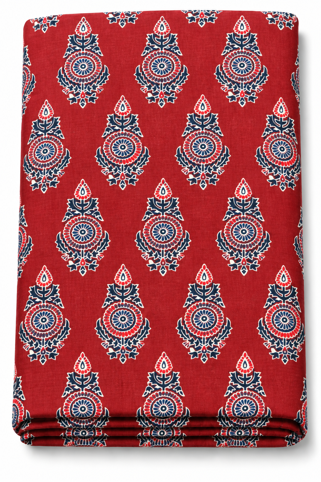 Red fabric with repeating blue and white floral medallion print
