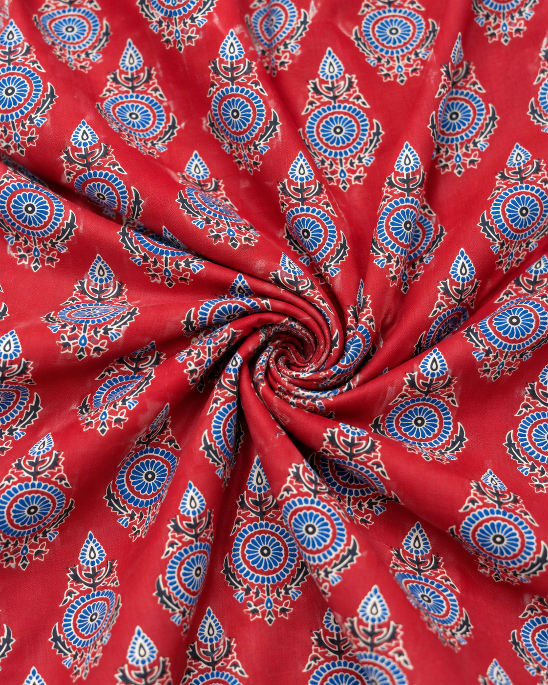 Red floral fabric by the yard with blue and white decorative motifs