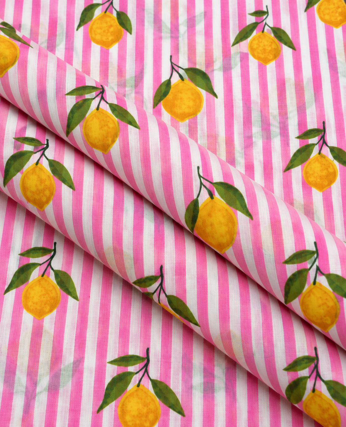 Lemon and green leaf print on pink and white striped fabric