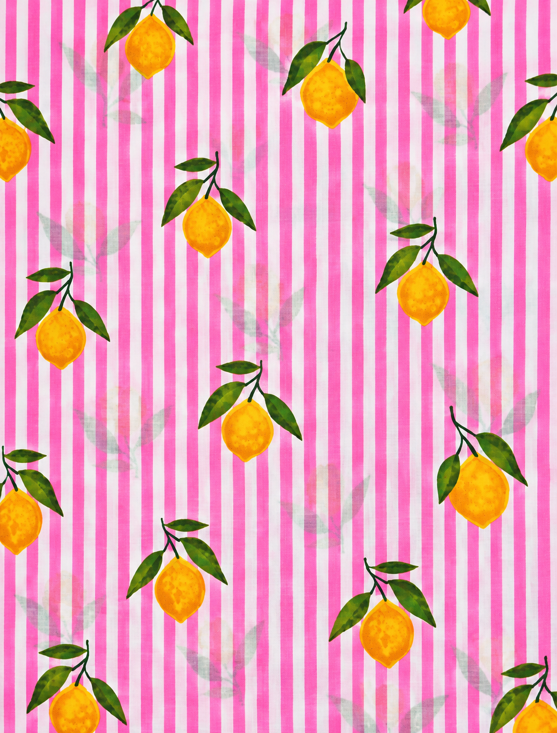 Pink stripe fabric featuring a bright yellow lemon and leafy botanical pattern