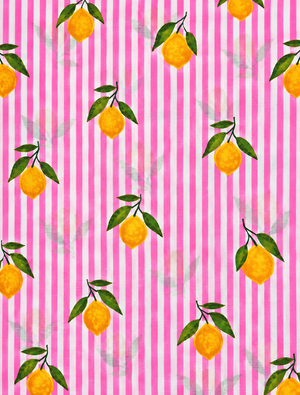 Pink stripe fabric featuring a bright yellow lemon and leafy botanical pattern