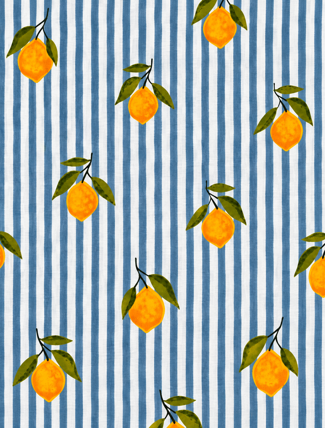 Gray stripe fabric featuring bright yellow lemons and leafy green branches