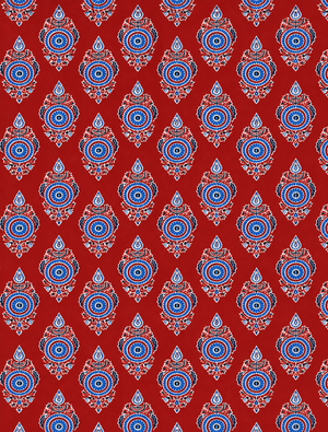 Red and blue Indian-inspired floral print fabric for sewing projects