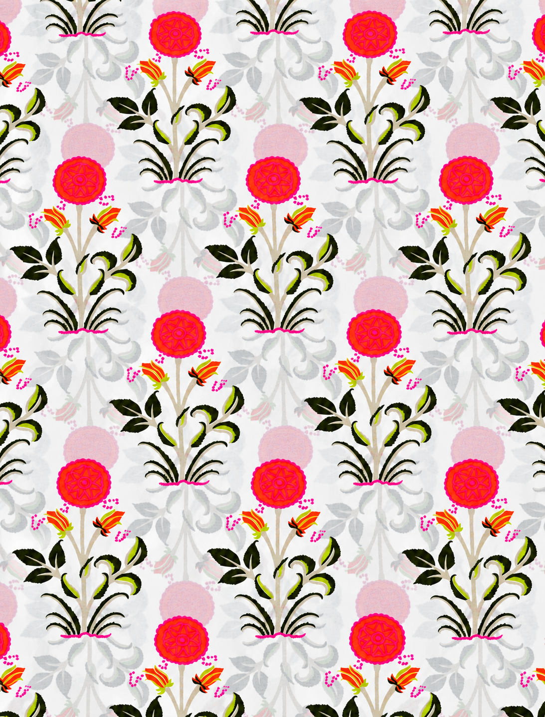 Pink and orange botanical flower fabric with a repeating leafy pattern