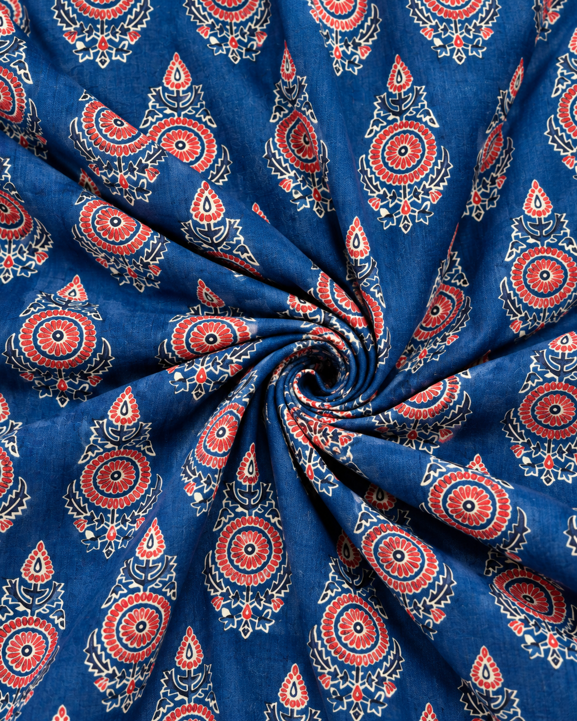 Navy blue Indian-inspired floral fabric with decorative flower medallions