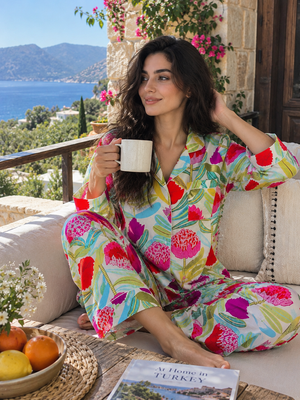 Floral button front pajama top and pants