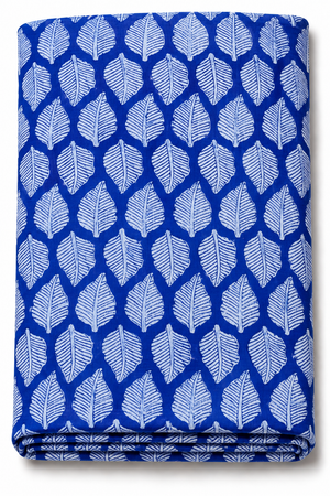Blue leaf block print cotton fabric