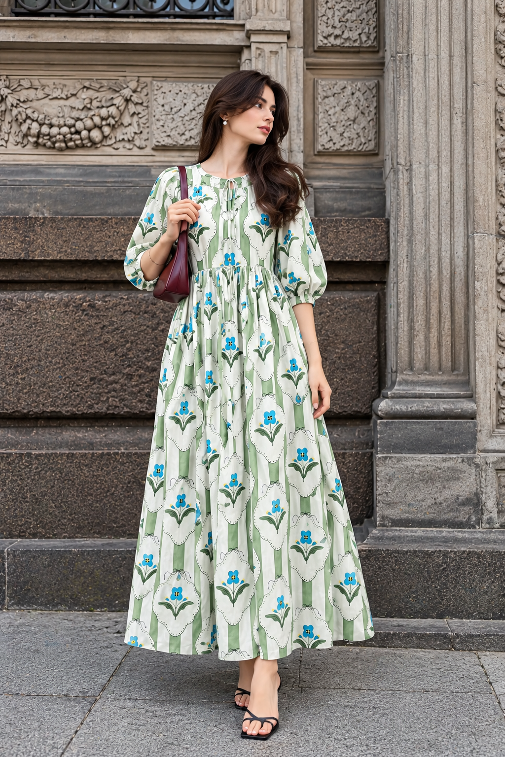 Women's green floral print cotton maxi dress with puff sleeves
