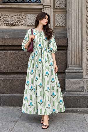 Women's green floral print cotton maxi dress with puff sleeves