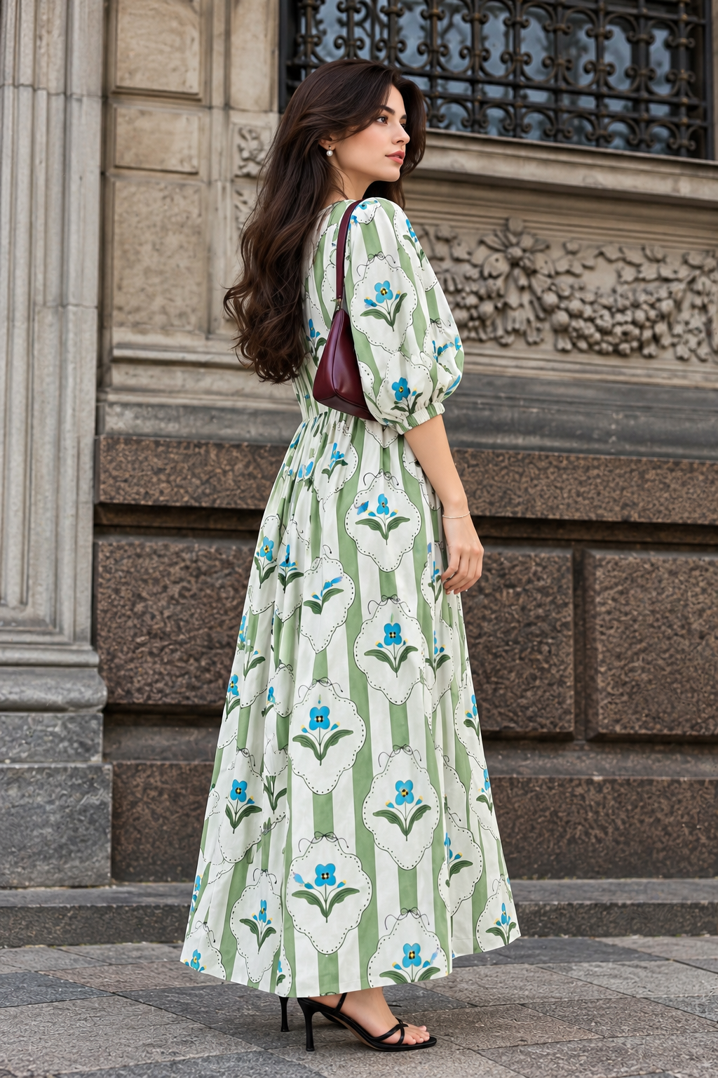 Green and cream printed maxi dress with front tie neckline