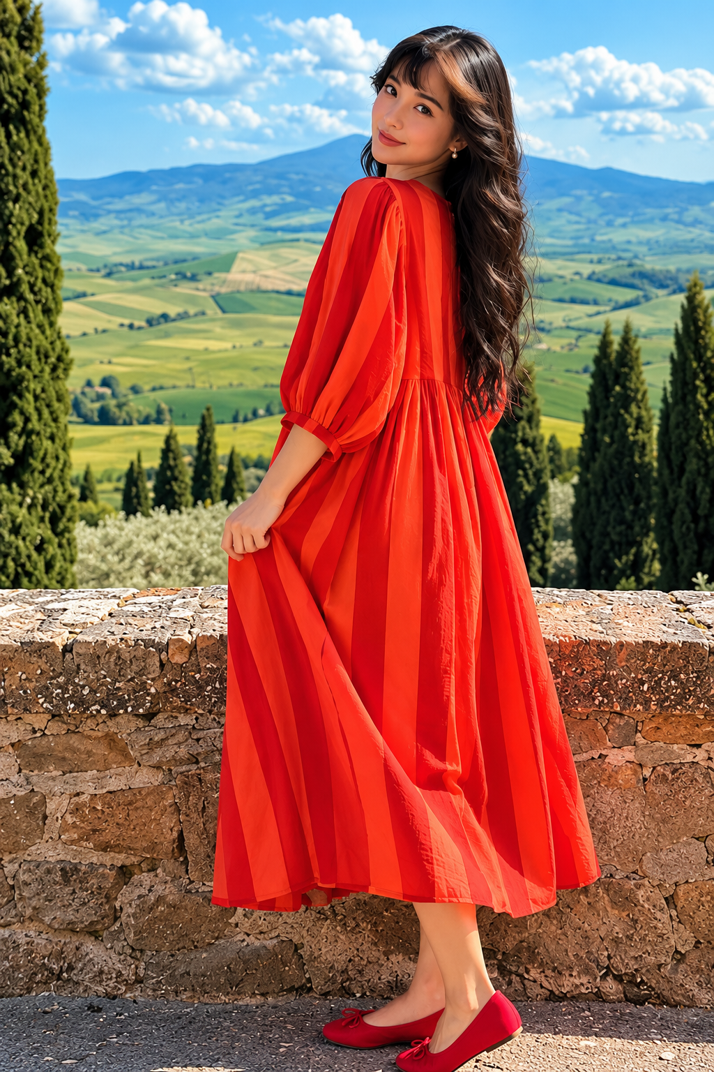 Women's elegant red maxi dress with front tie neckline