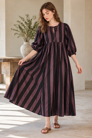 striped maxi dress with puff sleeves for women