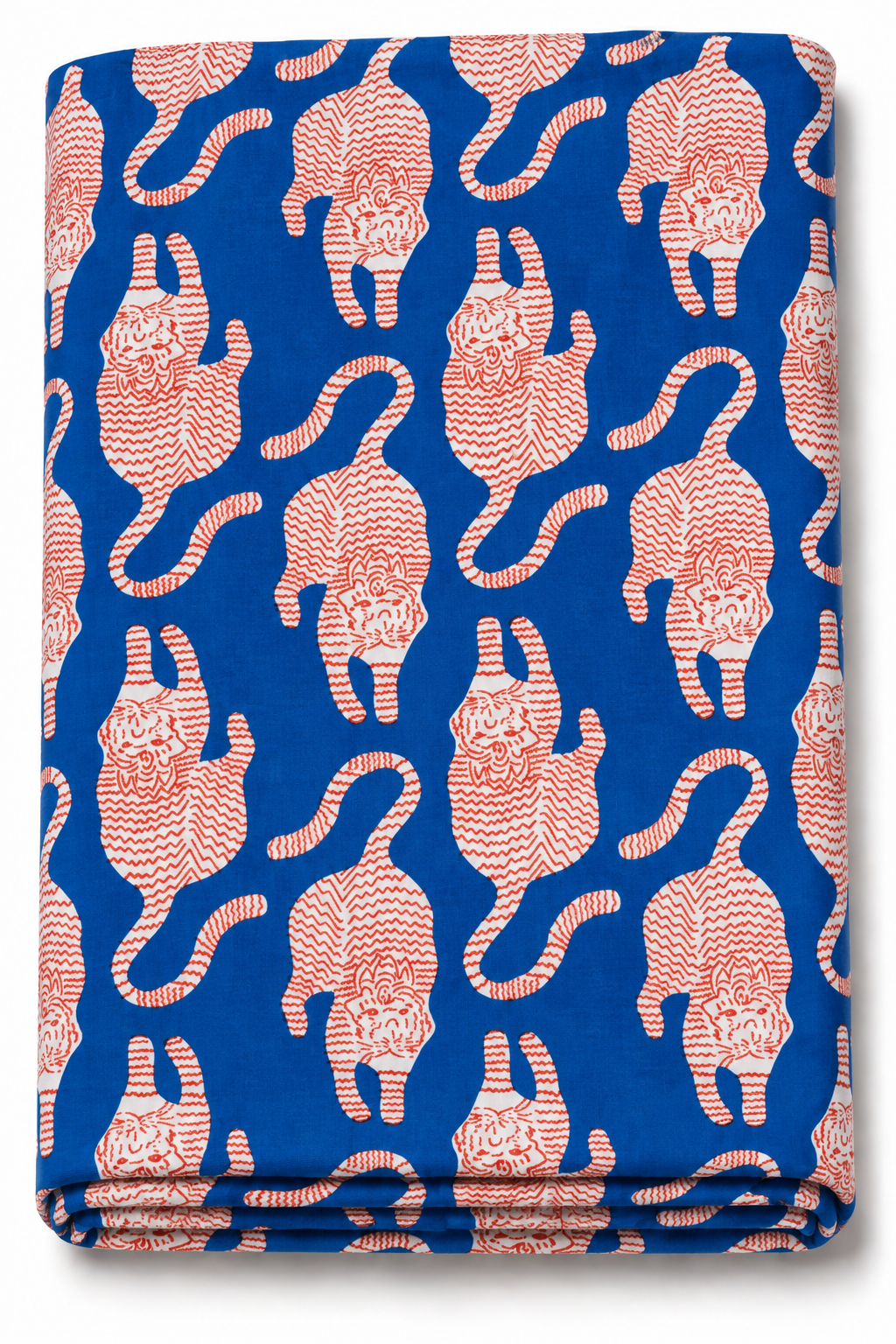 Blue Tibetan tiger print fabric with white motifs
