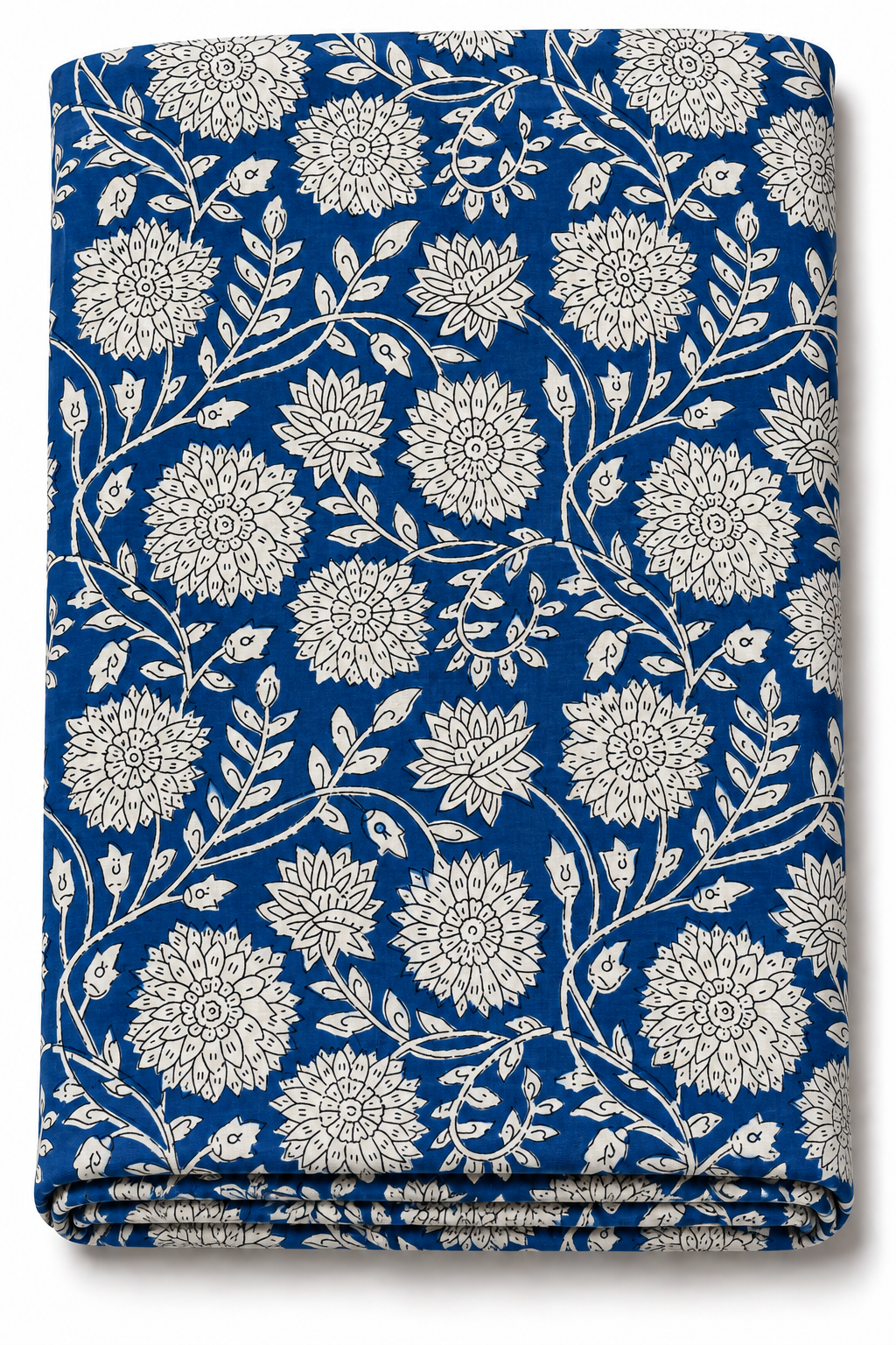 Blue floral cotton fabric with white flower print