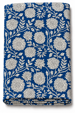 Blue floral cotton fabric with white flower print