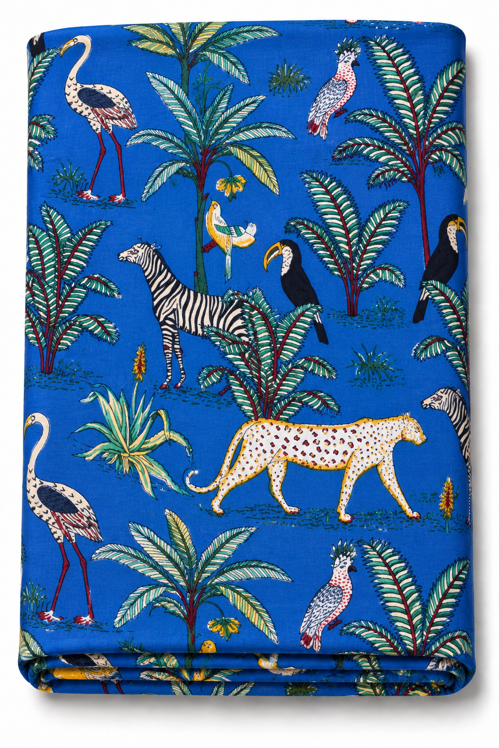 Blue jungle animal print fabric with tropical wildlife