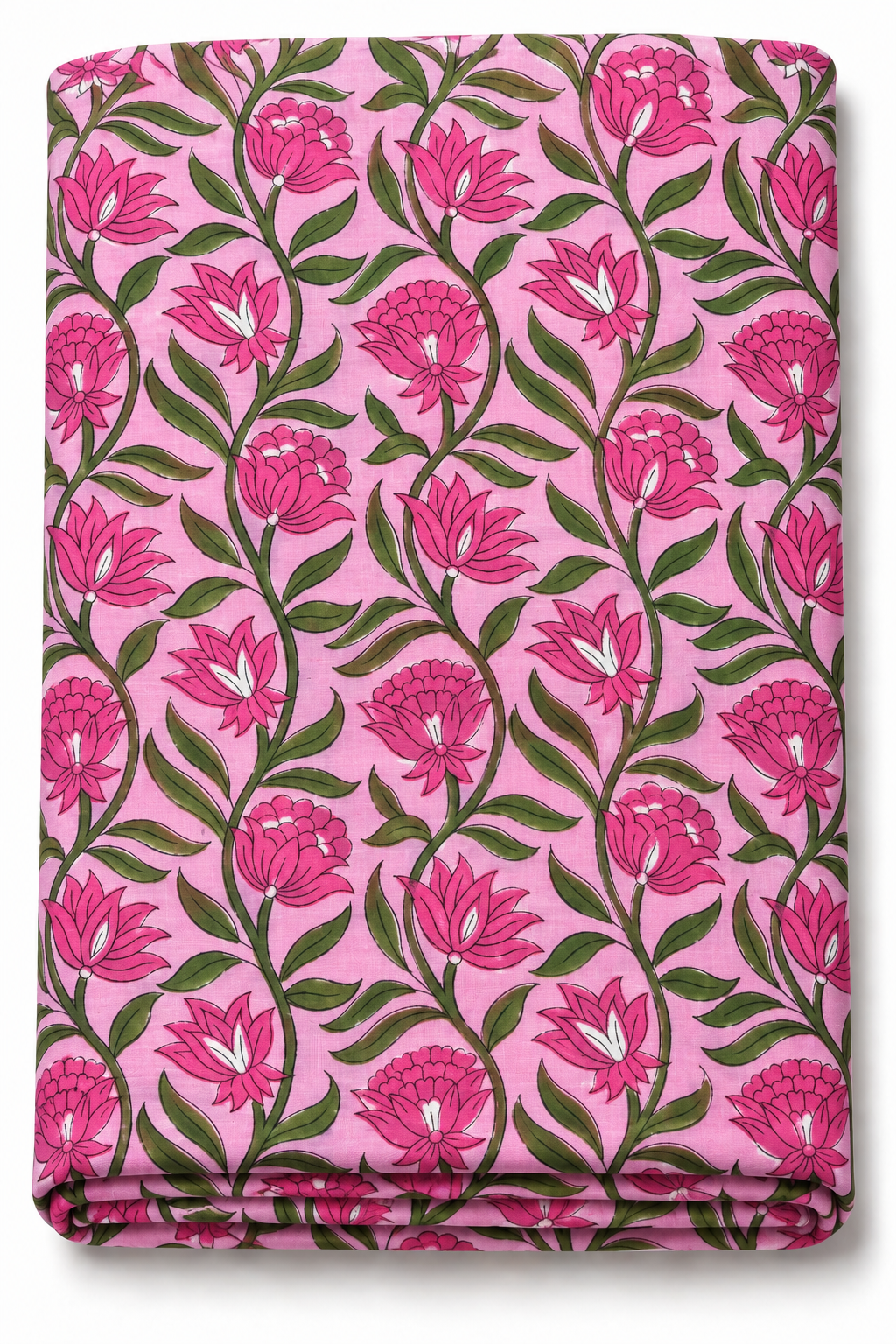 Pink floral block print cotton fabric by the yard