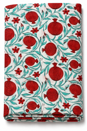 Indian pomegranate block print fabric with red motifs
