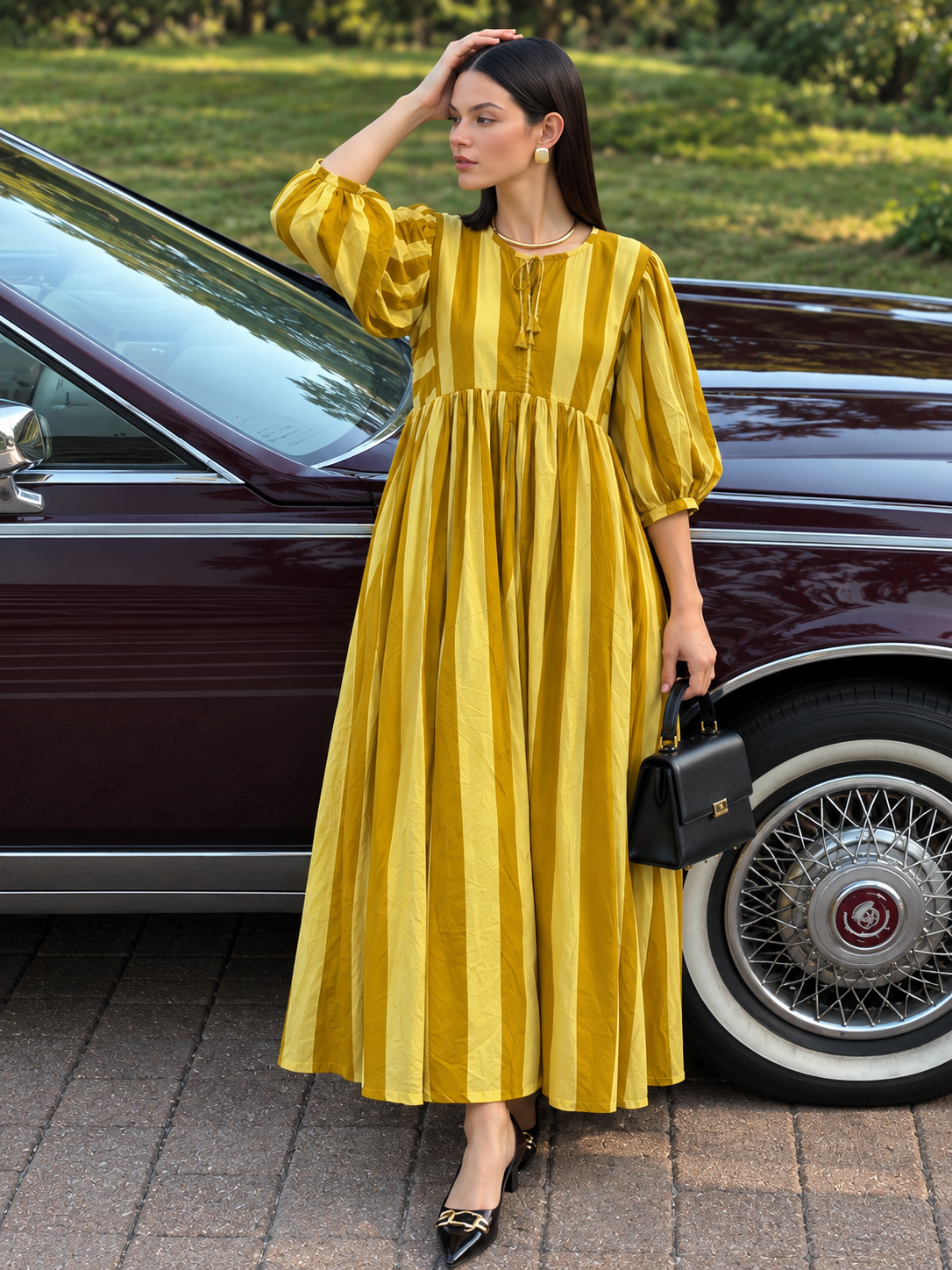 Mustard yellow tie-neck dress with voluminous sleeves