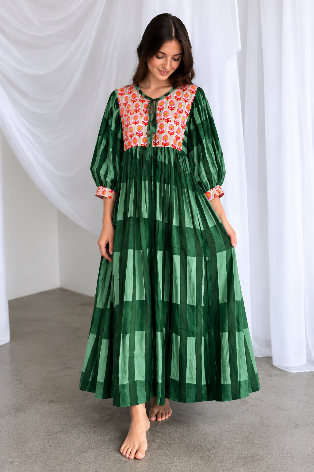 Women's green checked maxi dress with floral printed bodice