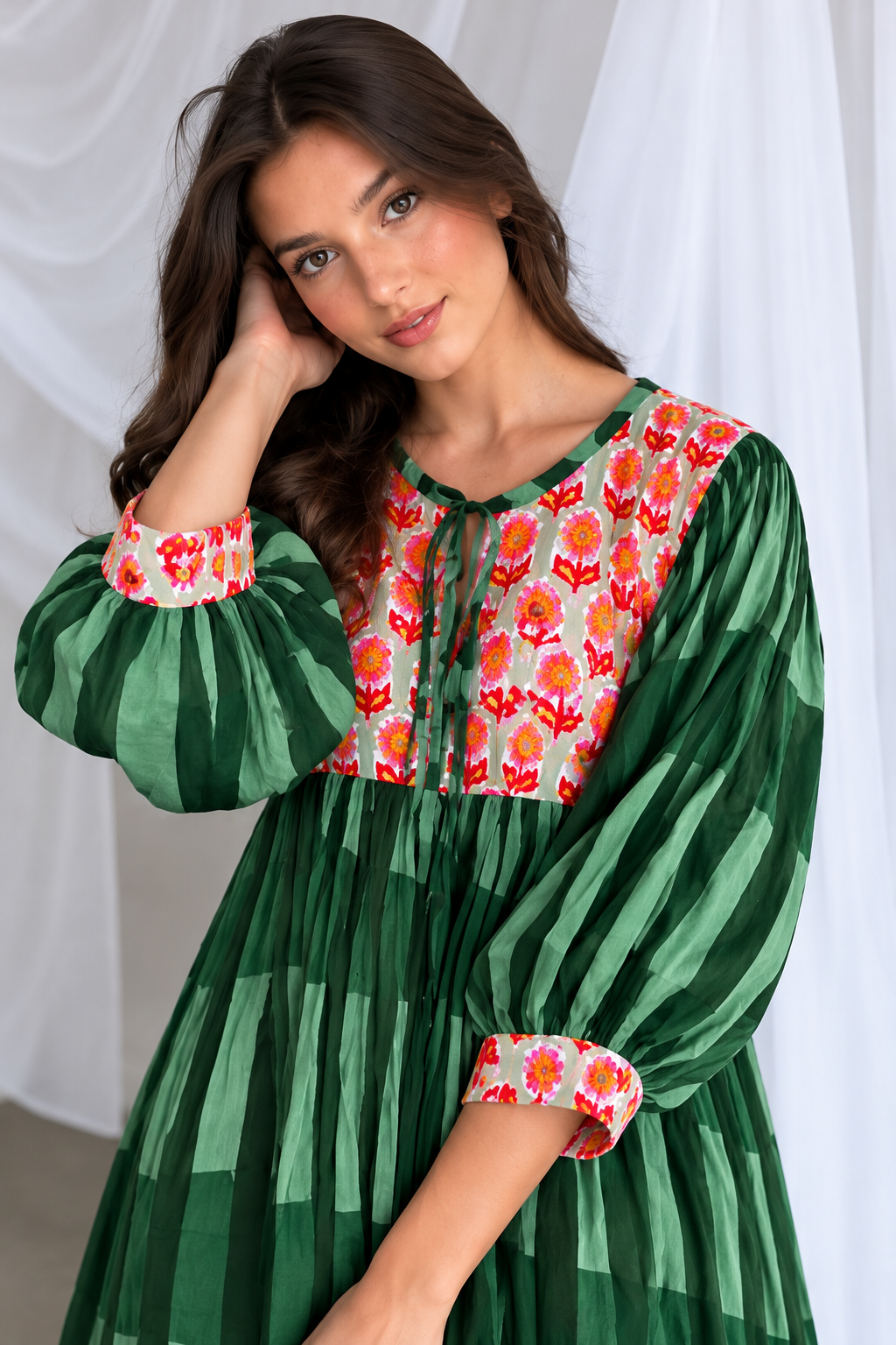 Green and light green checkered dress with puff sleeves