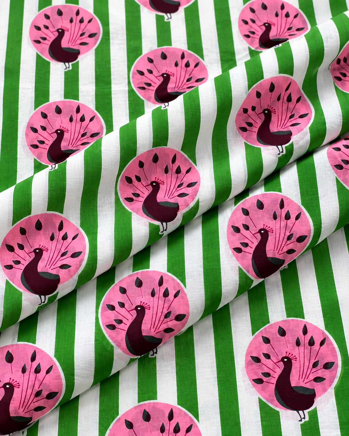Decorative peacock cotton fabric with pink birds on a green striped background.